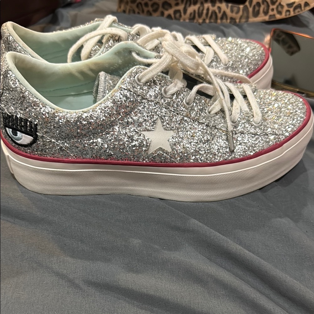 Converse / Chiara Ferrari Silver Glitter Platform Sneakers worn once